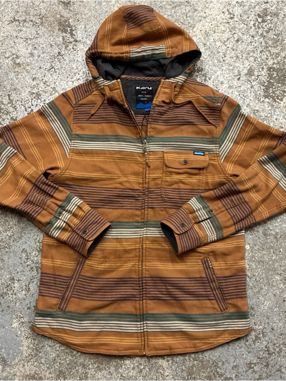 Kavu Men's Hooded Zip Jacket in Rust with Green & Brown Stripes